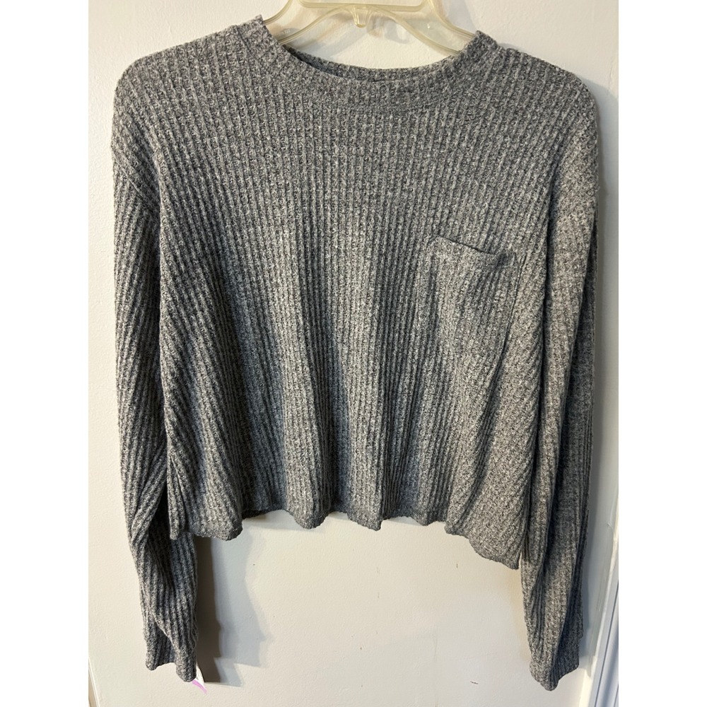 Wild Fable Womens Gray Waffle Knit Cropped Long Sleeve Thermal Pocket Top Small